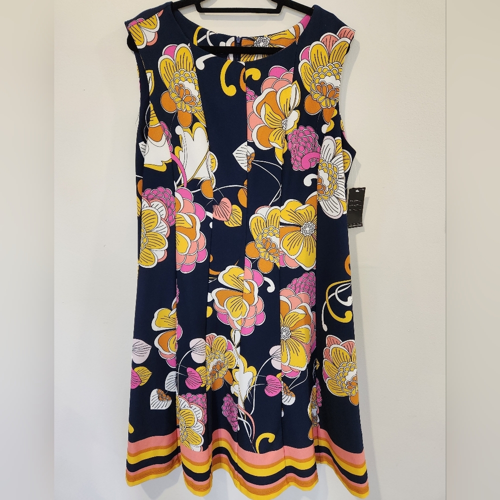 Floral Elegance Midi Dress - Navy, Yellow, Pink